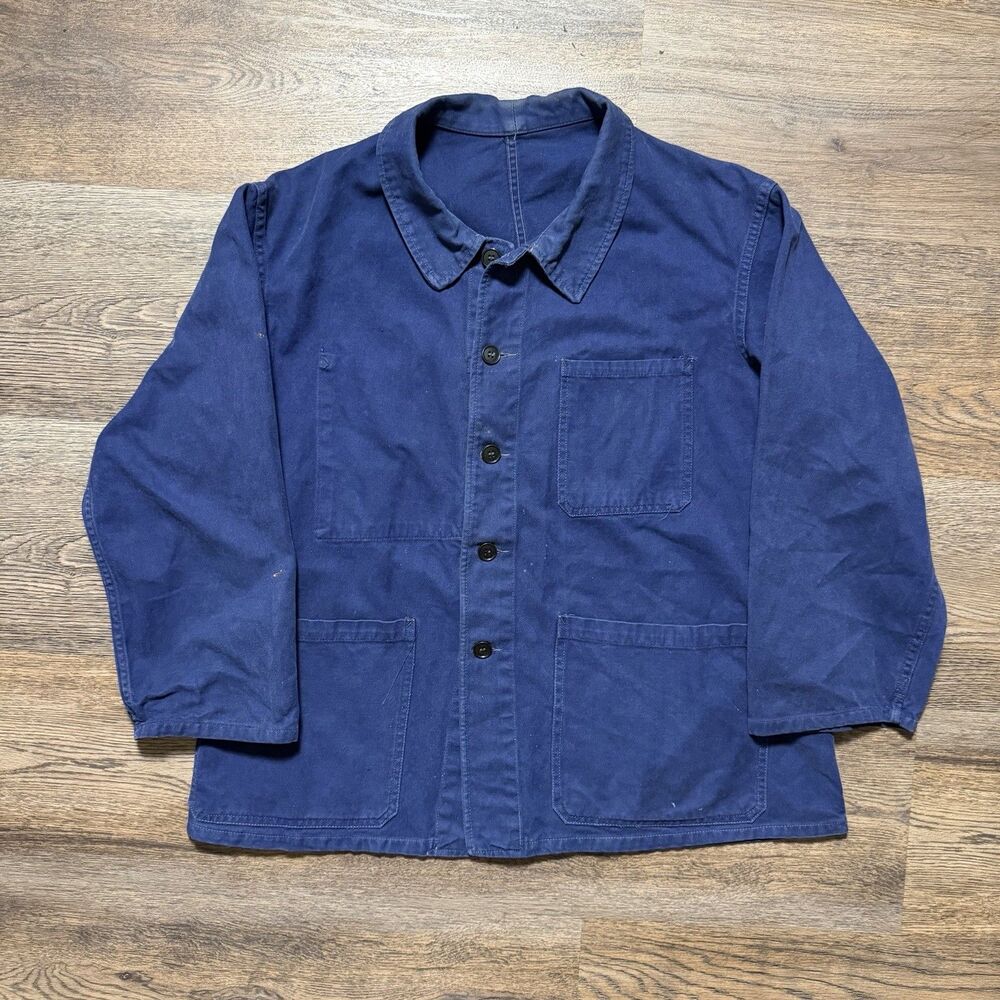60s 70s Sun Faded French Vintage Blue Distressed Cotton Work Paint Jacket
